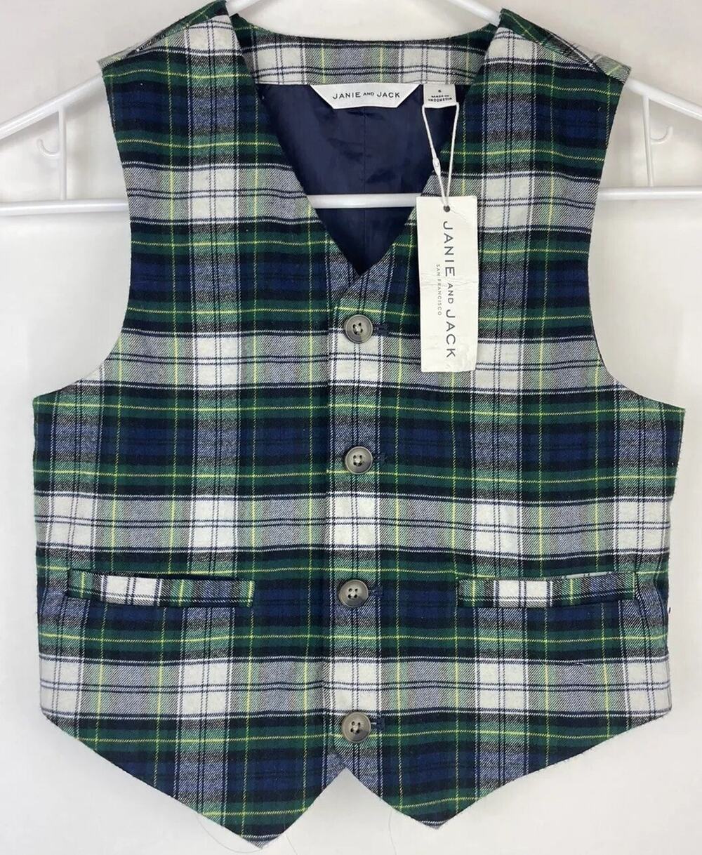 Janie & Jack boys plaid vest formal flannel Sz 6 Youth Blue Green White